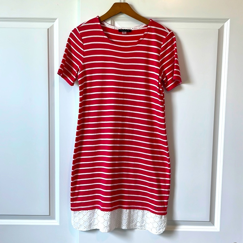 Tommy Hilfiger Dress Womens S Pink Stripe Striped Laced Bottom Short Sleeve